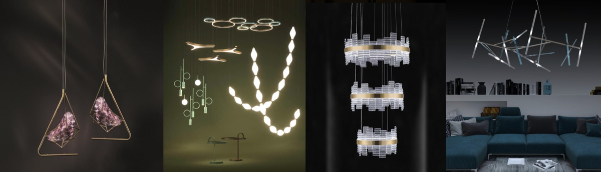 Collage of designs of pendant, suspension, double height and chandeliers from Euroluce Lampadari and Txxnty twenty brand design at Spacio retail stores in Mumbai and Kolkata