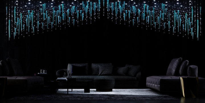 Euroluce Lampadari Riflessi Linear fluid art lighting installation, in blue finish above a dark theme interior living room. Available at Spacio retail store in Mumbai & Kolkata