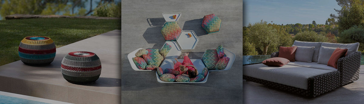 Collage of colourful ottoman, sofa set and loungers from our premium luxury outdoor furniture collection