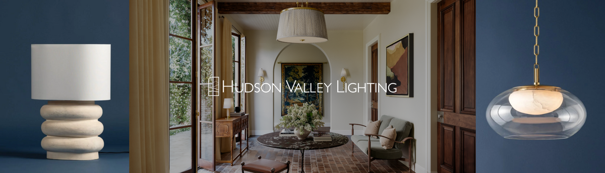 Hudson Valley Lighting brand collage or chandelier, wall lights, table lamp and pendant lamps