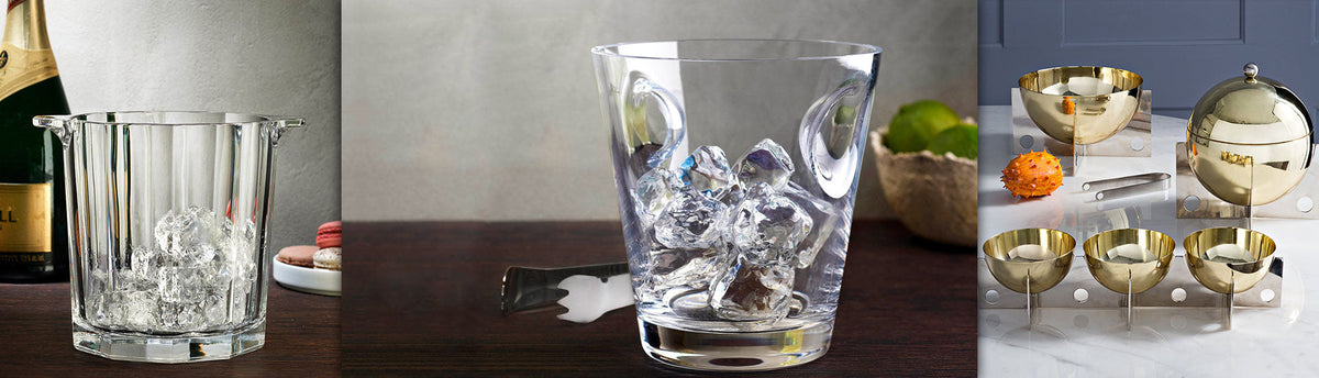 Collage of designer ice buckets in glass, metal and crystal. 