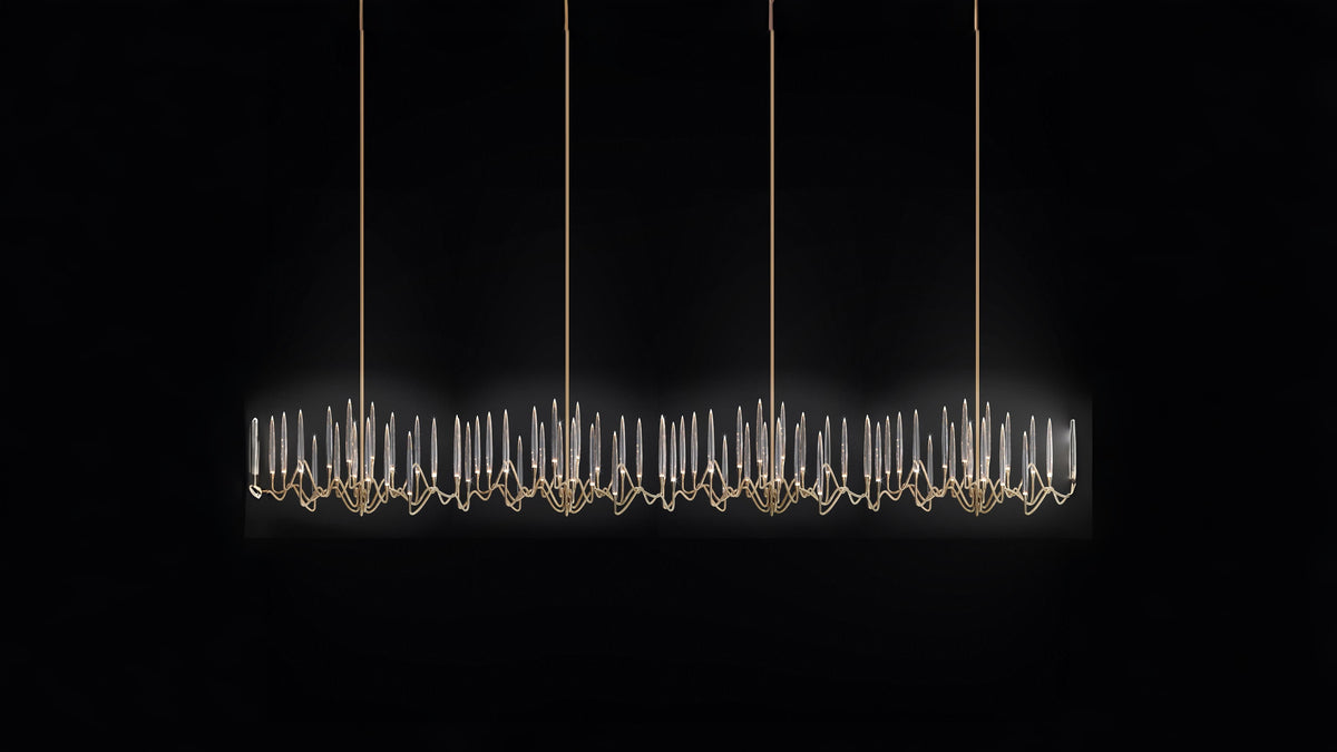 Il Pezzo Mancante Italian crystal chandelier on a black wall. Available at Spacio retail stores in Mumbai & Kolkata. 