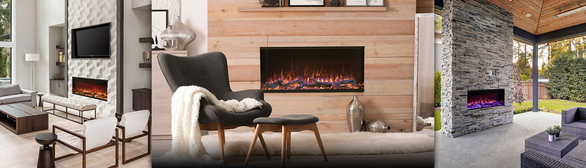 Indoor electric LED fireplaces installed in modern living room TV walls and feature walls, showcasing realistic flame visuals for Indian interiors