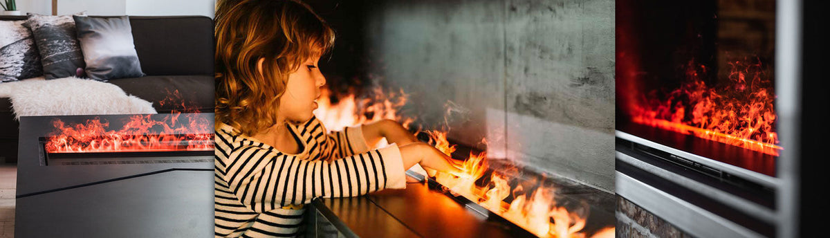 Indoor artificial water vapour fireplace with realistic cool flame, child-safe and smoke-free installation in modern Indian home