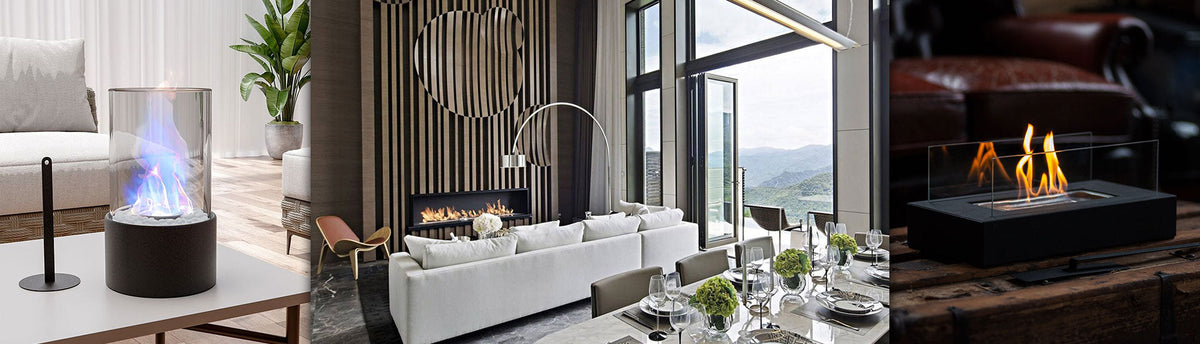 Indoor bioethanol fireplace with real flame installed in a modern luxury living space by Spacio India