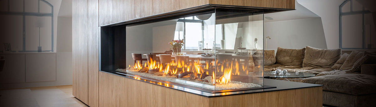 Indoor linear gas fireplace with real flame installed in a modern luxury living room in India