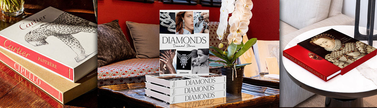 Collage of different titles and brands of luxury jewellery coffee table books
