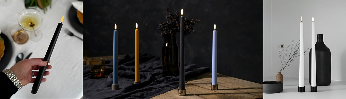 Collage of different colours of tall led taper candles