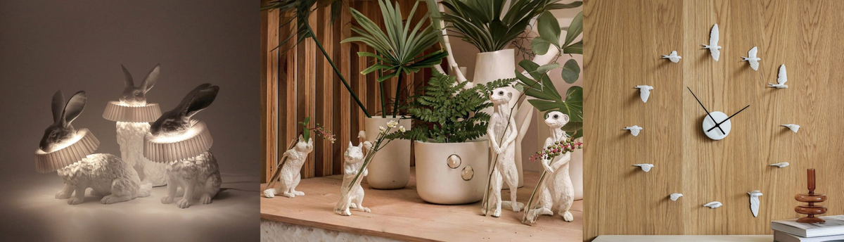 Collage of Haoshi Rabbit Table lamps, Chipmunk & Meerkat Vases and Swallow Clock available at Spacio retail and online stores in India. 