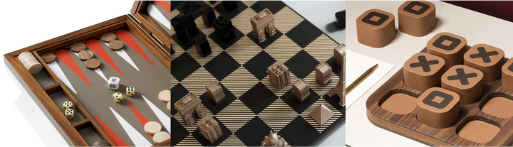 Collage of board games like backgammon, chess, tic tac toe