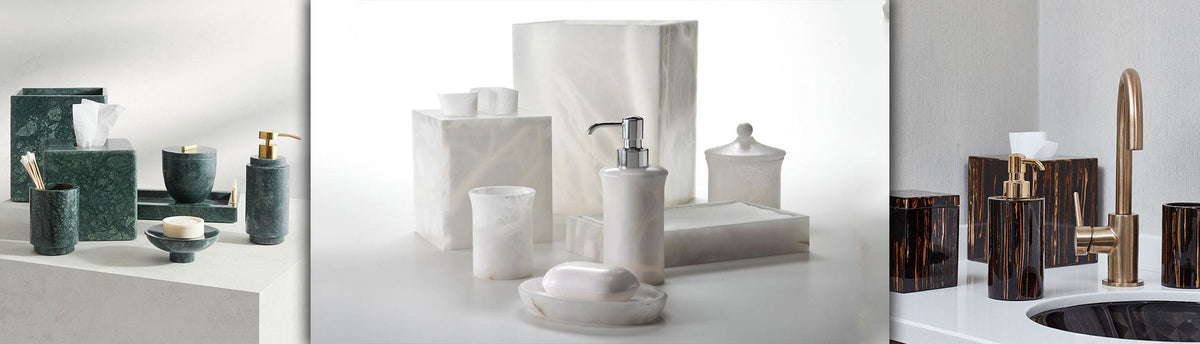 Collage of luxury bathroom accessories sets in various materials such as marble, onyx & woodm Collection set for luxury wet and bathroom area available at Spacio India