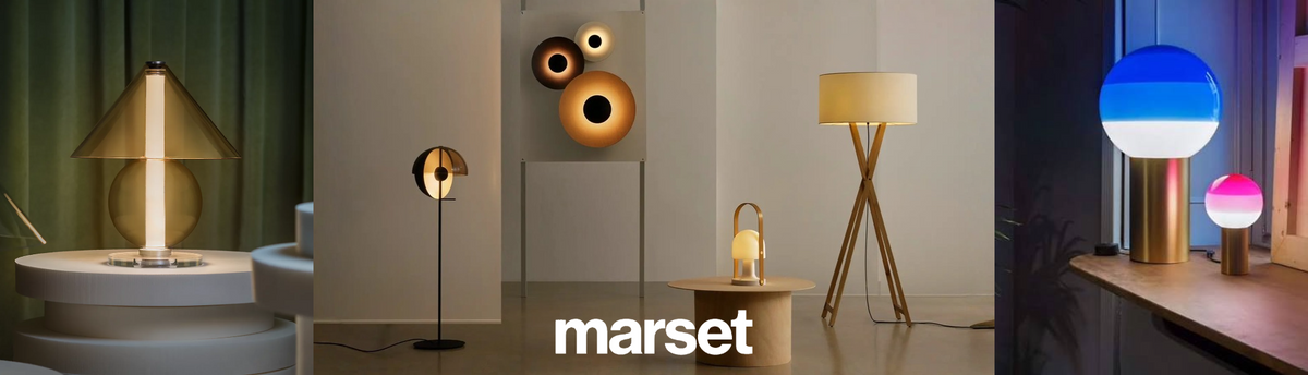 Collage of Marset floor lamps, table lamps and wall lights with the Marset logo
