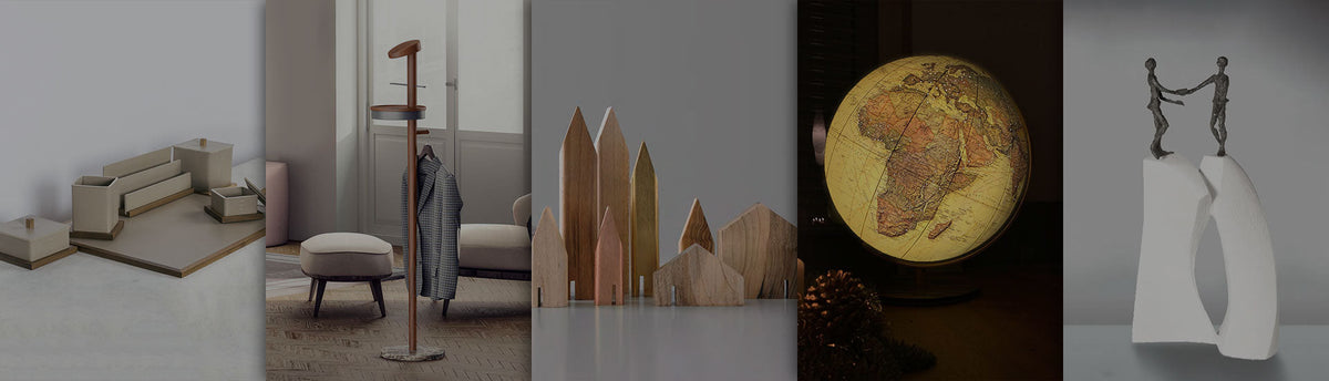Collage of office desktop accessories, coat hanger, decor, globe and motivational sculptures