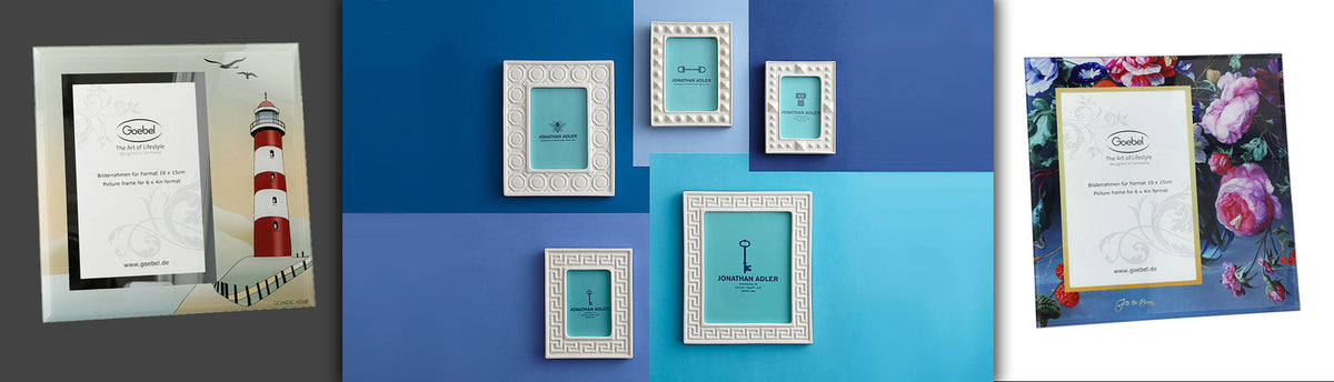 Collage of decorative Photo frames in a different sizes from European luxury brands brands