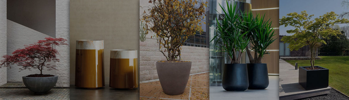 A collage of indoor and outdoor planters & pots in various colours, sizes, finishes and textures. 
