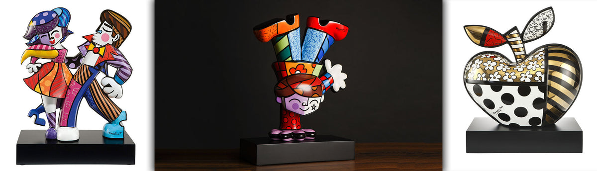 Collage of Romero britto pop art sculptures. 