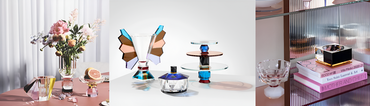 Collage of crystal decor and objects from Reflections Copenhagen available at Spacio retail stores in Mumbai & Kolkata