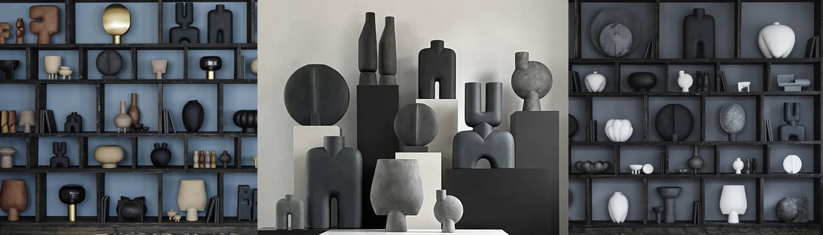  Collage of 101 Copenhagen vases, bowls, platters, trays and furniture in shelf and on podium and plinths available at Spacio retail stores in Mumbai & Kolkata. 