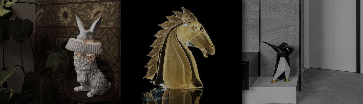 Collage of ceramic, crystal, Murano & metal sculptures