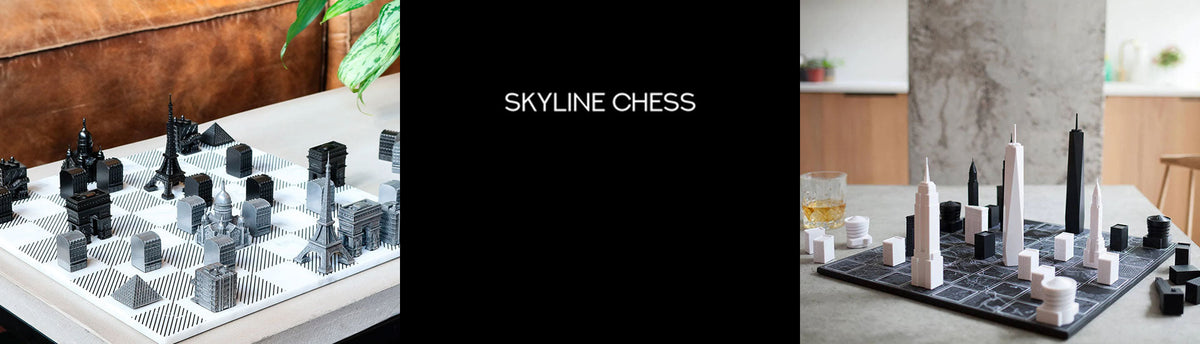 Collage of Skyline chess sets made of steel and acrylic on marble and wooden boards. 
