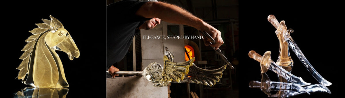 Collage of horse head in 24K gold, sword and a craftsman shaping a wing bird in crystal at the factory in Italy of Duccio Di Segna