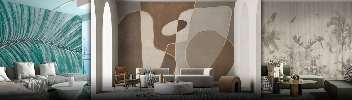 Collage of modern Italian fresco in different room settings of luxury interiors. 