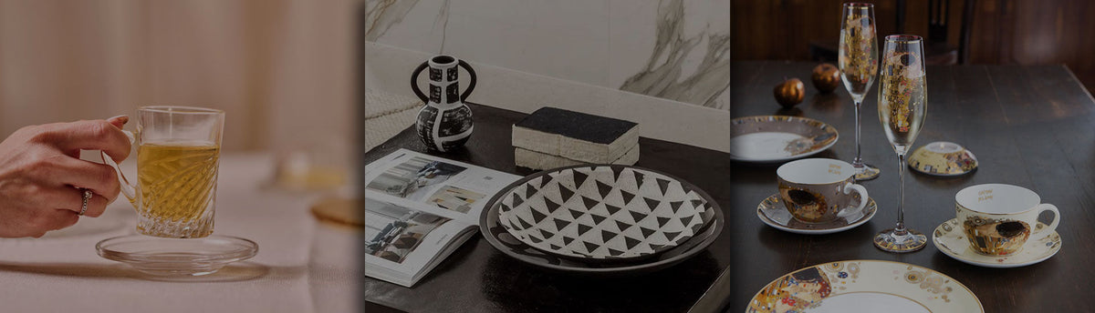 Collage of glass teacup, crockery, cutlery and glassware