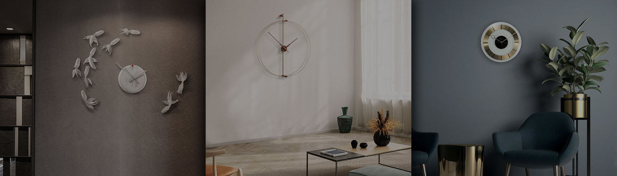 Collage of fish clock, minimal large clock and modern decorative wall clock