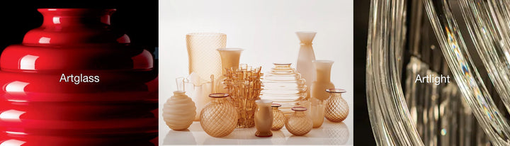 Collage of red vase, soft beige colour multiple shapes of vases and lights from Venini at Spacio India
