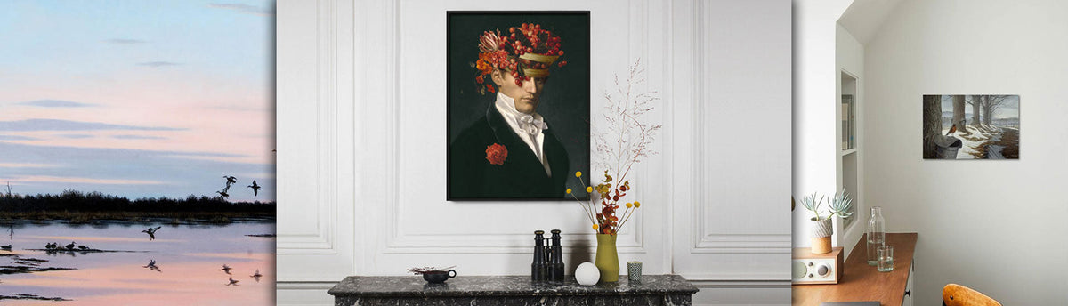 Collage of landscape, portrait and poster