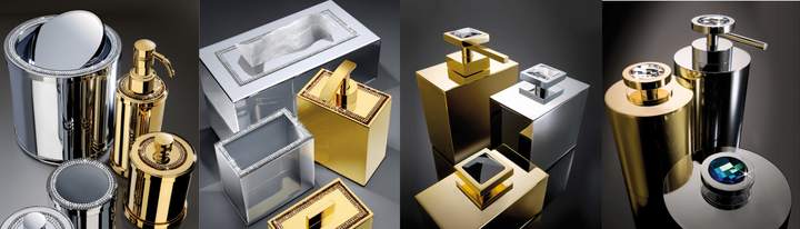 Collage of Bathroom accessories in gold and chrome finish with crystals and semi precious stones
