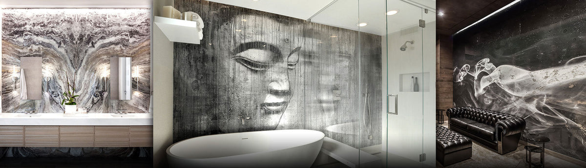 Collage of luxury Aluminium Art Panels used in different settings like bathrooms and lounge