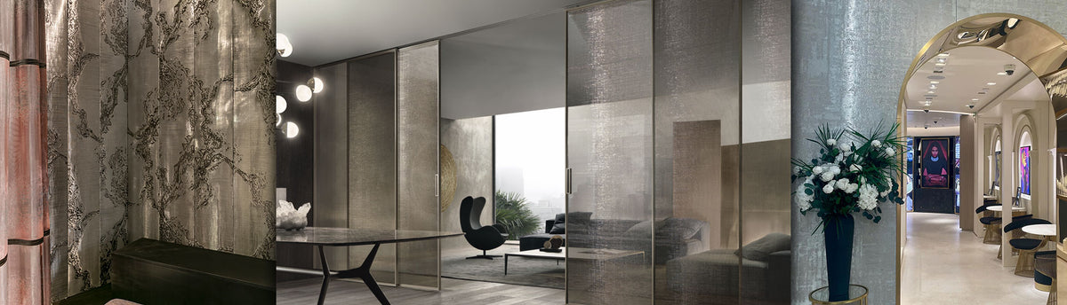 Collage of luxury metal fabric applications on walls, sliding door partitions and retail stores. 