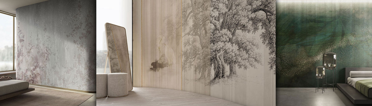 A collage of various designs of mural wallpapers in different room settings