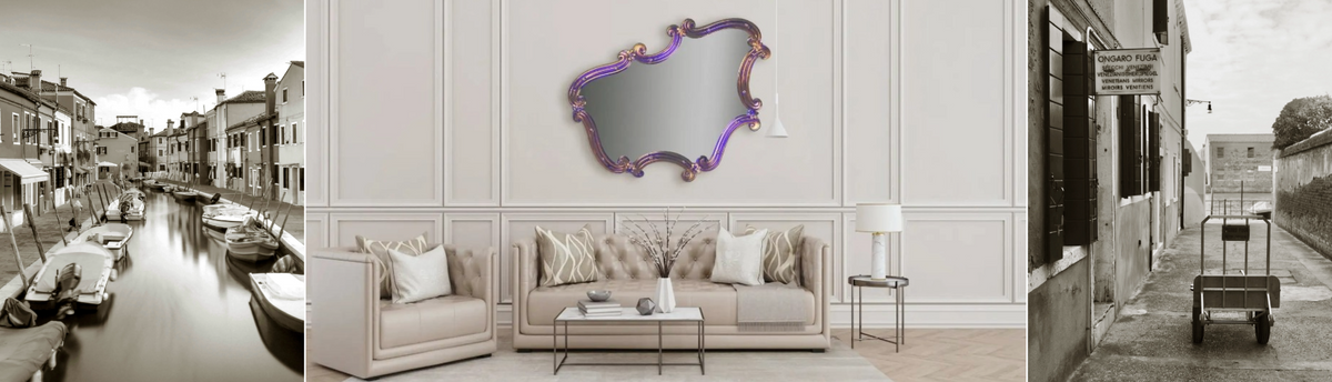 Ongaro & Fuga handcrafted Murano glass mirrors and heritage Venetian workshop scenes, available at Spacio India