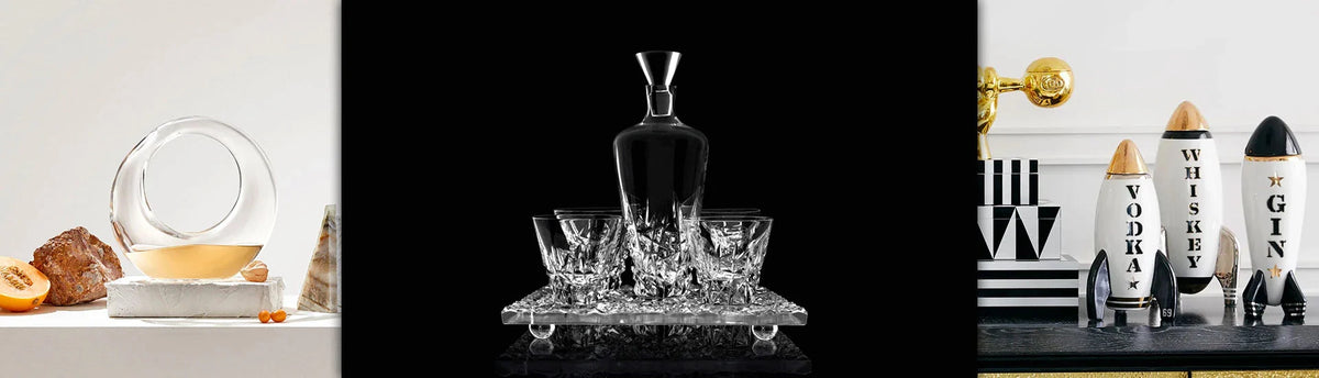 Collage of decanters in glass, crystal and porcelain. 