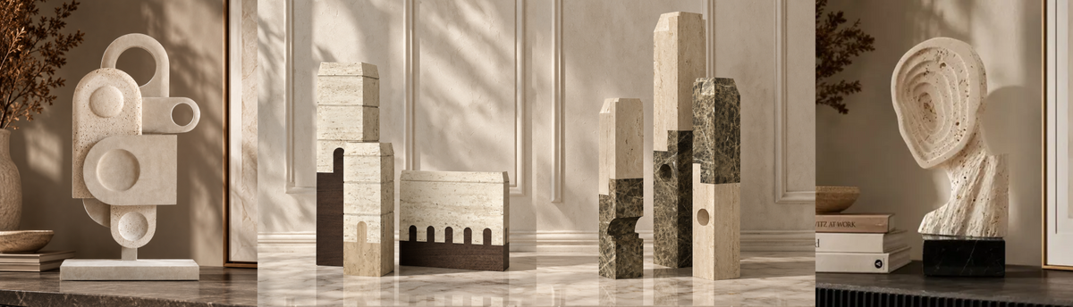 Collage of Stone sculptures, artefacts, statues and art objects available at Spacio in India. 