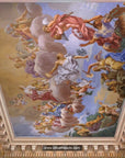 A handcrafted fresco mural featuring biblical scenes with angels and heavenly figures, created using Italian techniques with Carrara marble and Roman travertine powders. Featured on the ceiling of a classical theme living room