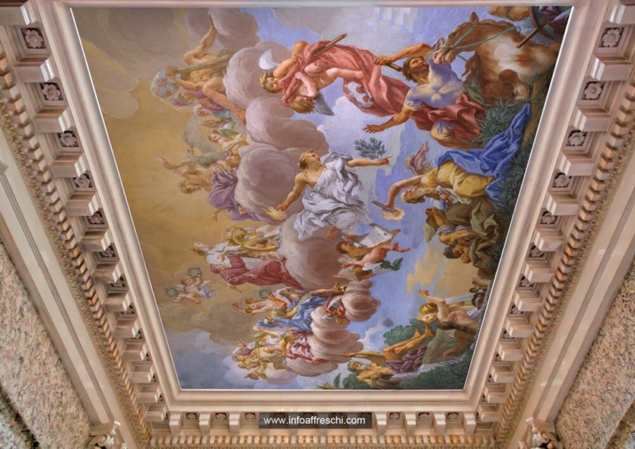 A handcrafted fresco mural featuring biblical scenes with angels and heavenly figures, created using Italian techniques with Carrara marble and Roman travertine powders. Featured on the ceiling of a classical theme living room