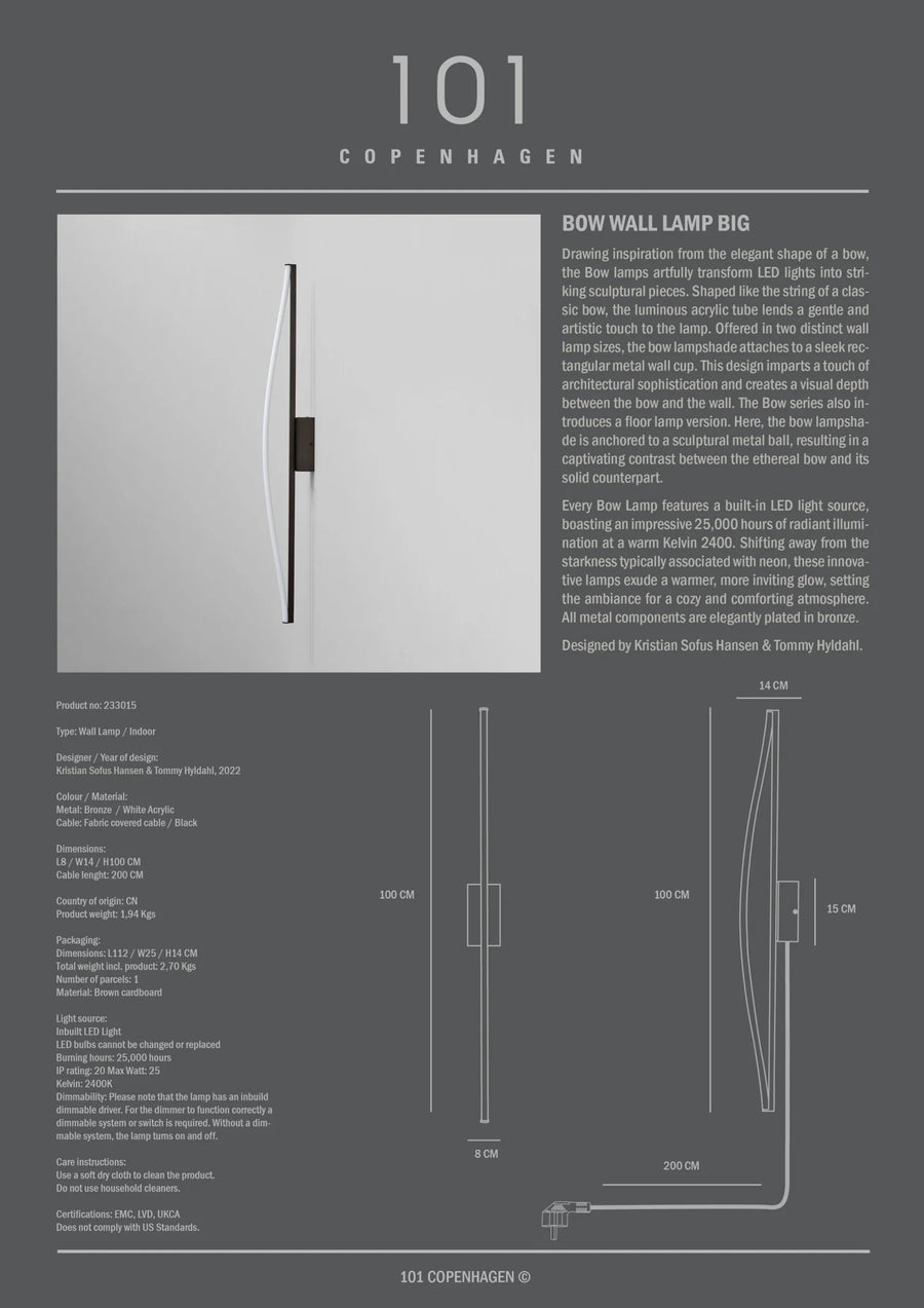 Product information sheet for a wall lamp with text and diagrams on a gray background
