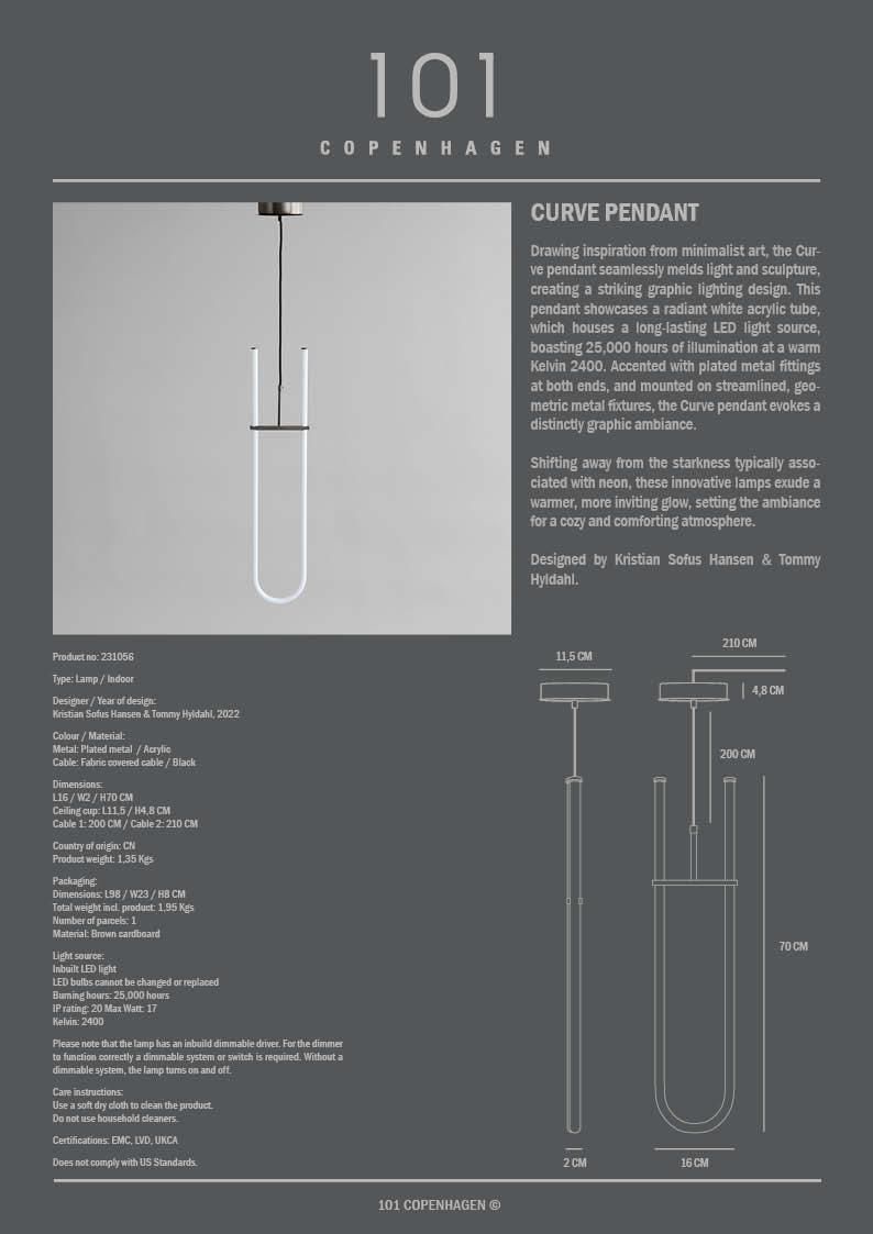 Product information sheet for a Curve Pendant light fixture by 101 Copenhagen on a gray background.