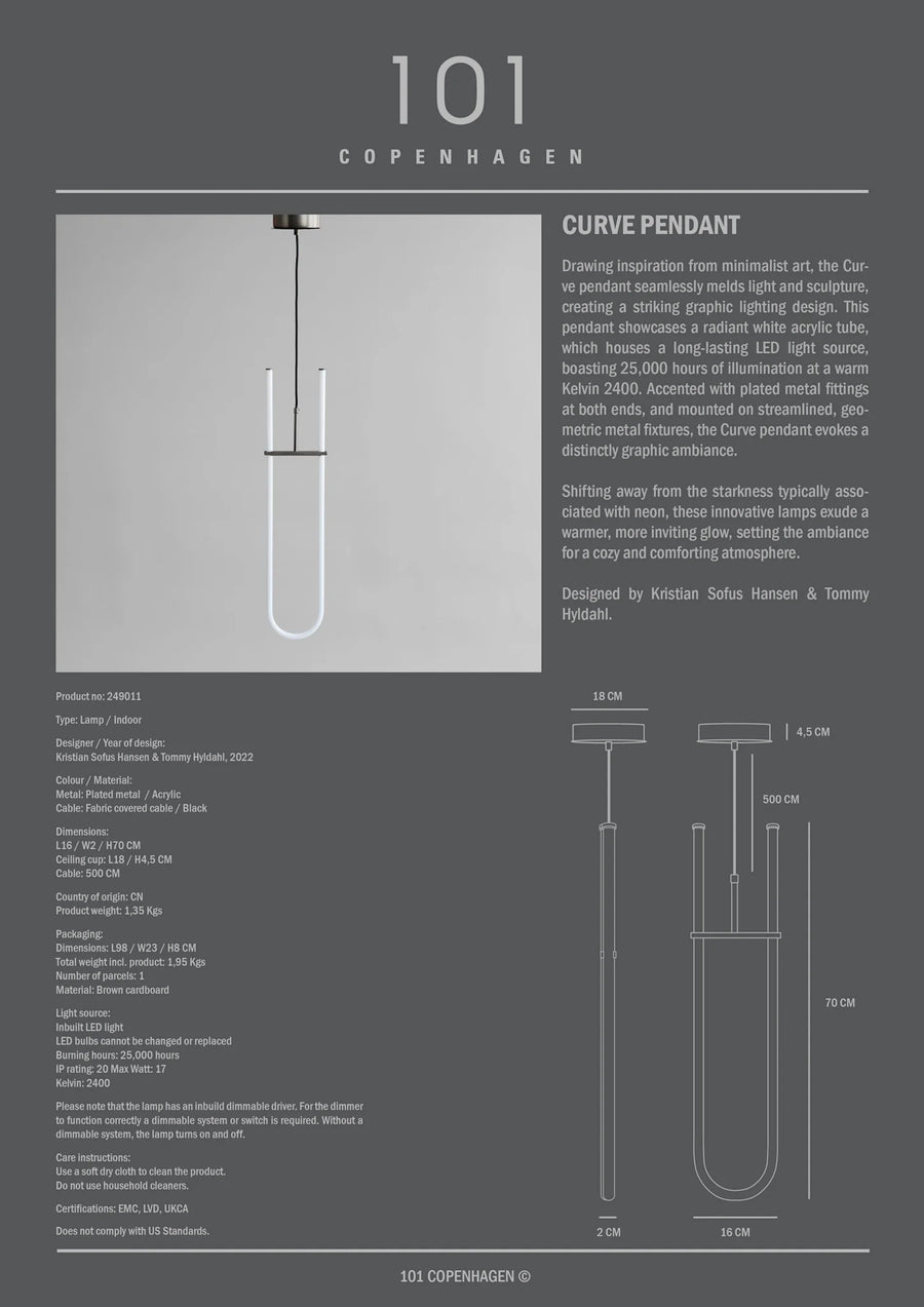Product description sheet for a Curve Pendant light fixture by 101 Copenhagen on a gray background.
