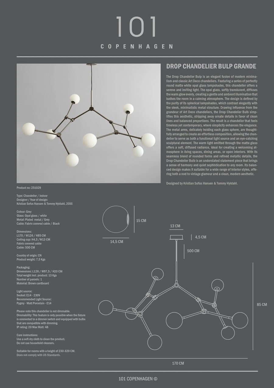 Copenhagen Drop Chandelier Bulp Grande with product details on a gray background