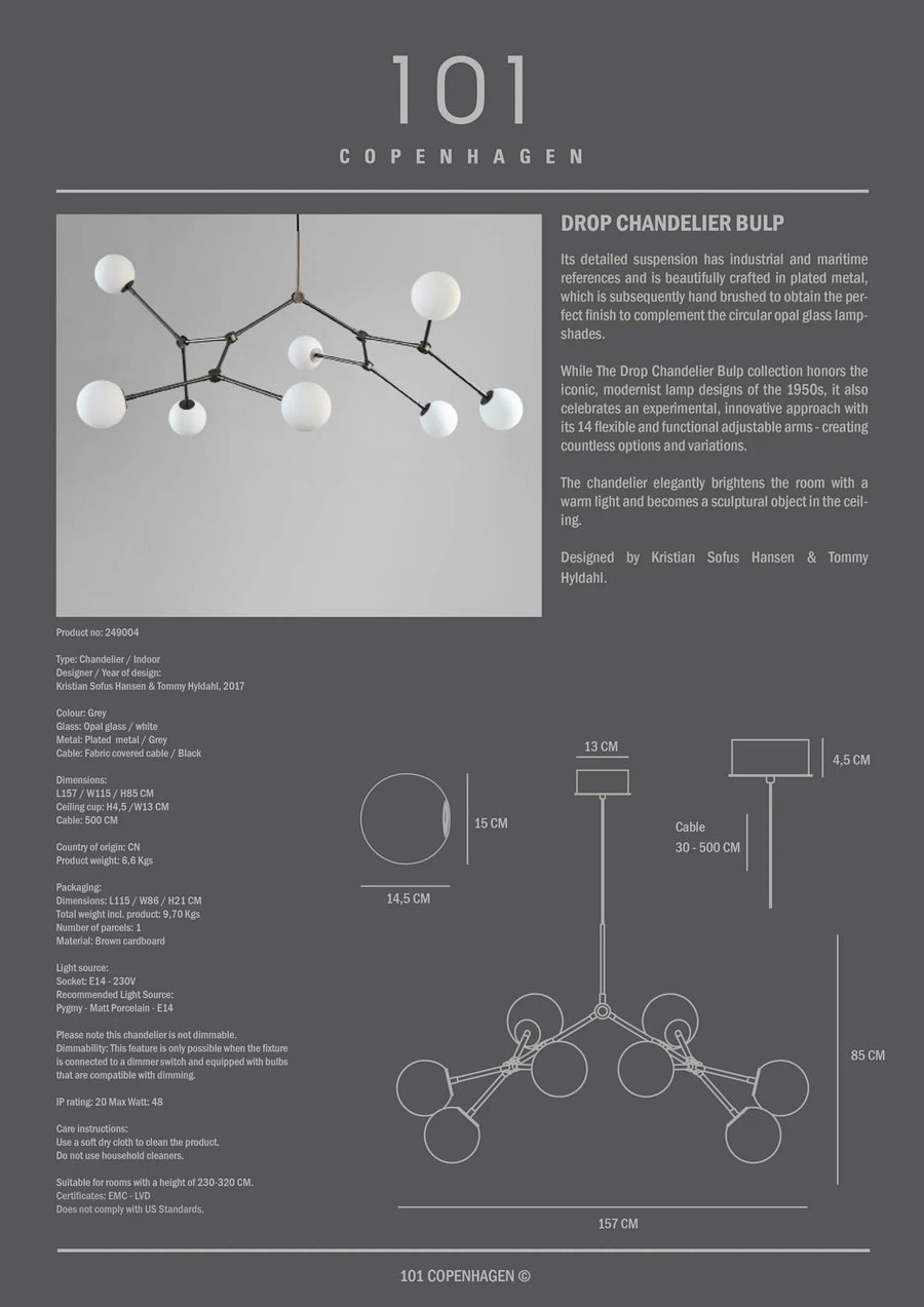 Product information sheet for a chandelier with design details and measurements.