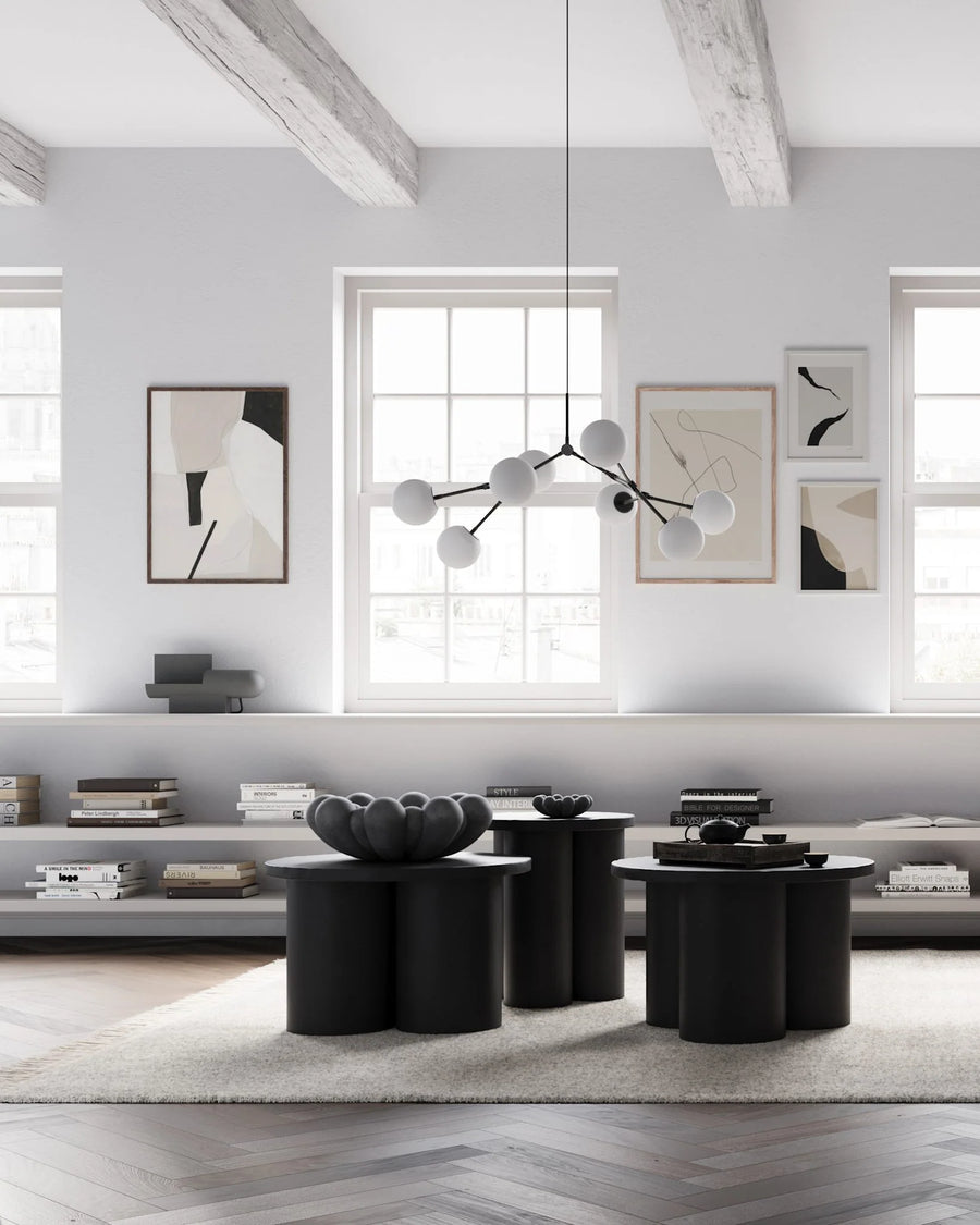 Modern living room with black coffee table, white walls, and decorative items.