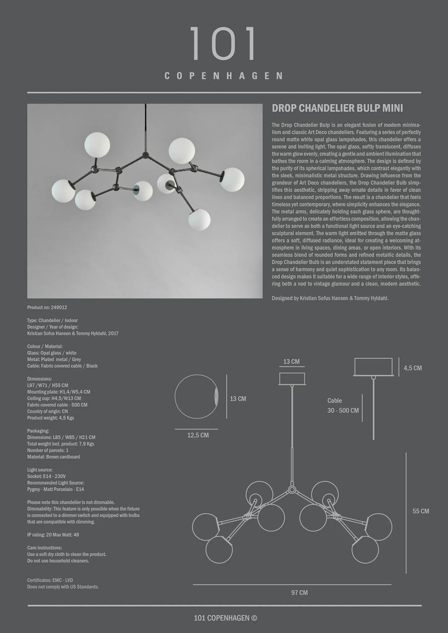 Product information sheet for a chandelier with design details and measurements.