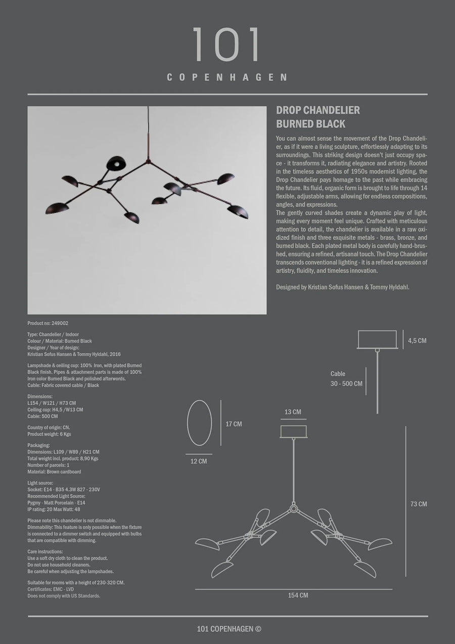 A technical sheet for the Drop Chandelier from 101 Copenhagen