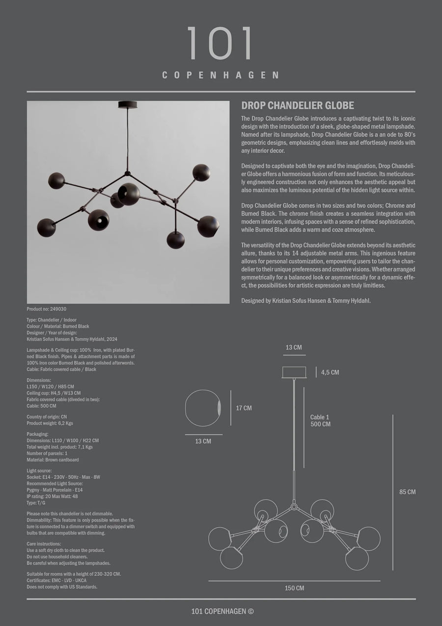 Chandelier with technical specifications and design details on a gray background