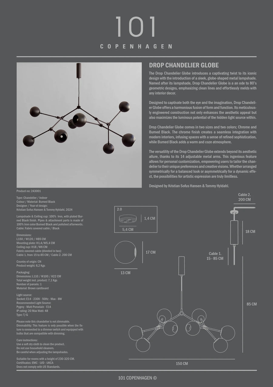 Copenhagen 101 chandelier with technical specifications on a gray background