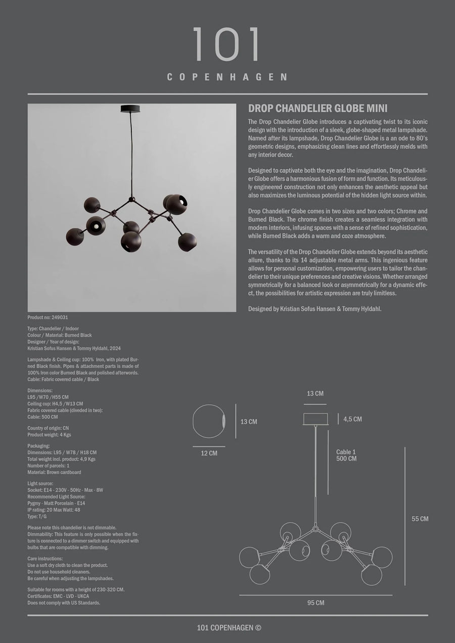 Product information sheet for a chandelier with text and diagrams on a gray background